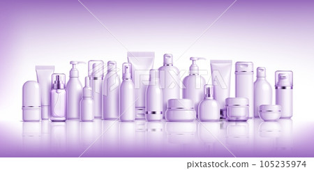 Lavender cosmetics products mockups package containers. Realistic 3d vector bottles, jars and tubes, plastic flasks, serum or deodorant packaging in light purple colors stand together for presentation 105235974