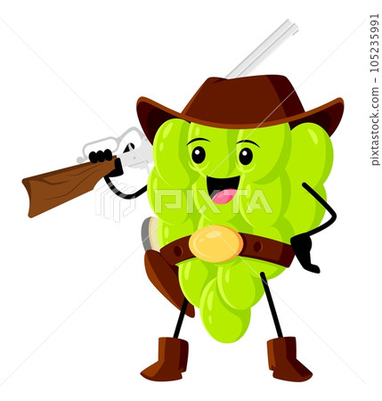 Cartoon grapes cowboy or ranger character. Vector fruit or berry bandit or robber with gun. Wild west hero in hat, boots and belt in confident pose. Western healthy food, horseman vitamin personage 105235991