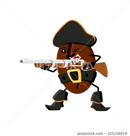Cartoon coffee bean pirate character with musket. Vector fierce arabica grain personage ready for adventure on the high seas. Funny buccaneer with a weapon in hand, protect and defend treasure or loot 105236059