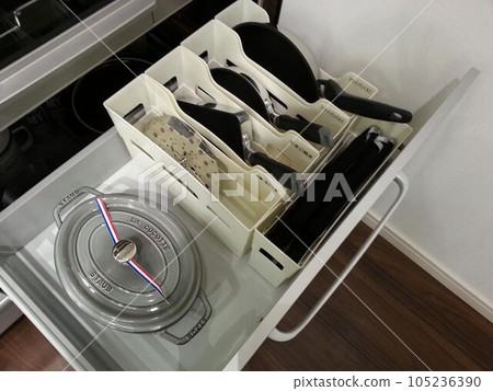 Storage for frying pan under stove Storage for frying pan under stove 105236390