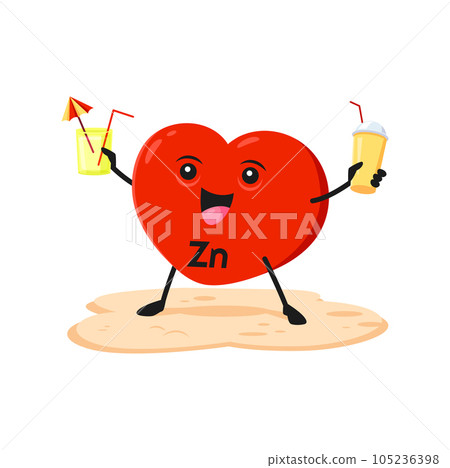 Cartoon zinc character on beach at summer vacation. Funny Zn heart shaped capsule with cocktails. Vector supplement personage laugh and resting all the day at seaside, or enjoy pool party on holidays 105236398