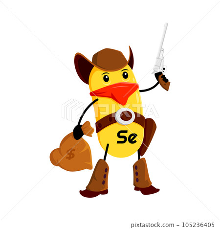 Cartoon selenium ranger micronutrient character. Isolated vector Se ball with gun and stolen money bag. Cowboy vitamin personage, robber wear hat, boots and bandana. Wild west hero chemical element Cartoon selenium ranger micronutrient character. Isolated vector Se ball with gun and stolen money bag. Cowboy vitamin personage, robber wear hat, boots and bandana. Wild west hero chemical element 105236405