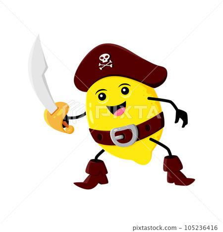 Cartoon lemon fruit pirate and corsair character. Vector brave funny captain citrus with saber in hand. Happy smiling picaroon adventurer personage in cocked hat and boots ready for fighting or battle 105236416