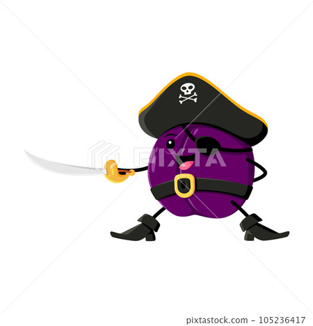Cartoon plum fruit pirate and corsair character fight with saber. Vector brave funny prune captain. Happy smiling damson picaroon adventurer personage in cocked hat, eye patch and boots fighting 105236417
