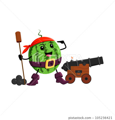 Cartoon watermelon fruit pirate and corsair character with cannon. Vector ripe fruit freebooter wear bandana and boots attack enemy with weapon. Isolated buccaneer, picaroon book or game personage 105236421