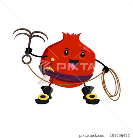 Cartoon garnet fruit pirate and corsair character with grappling hook and saber. Isolated vector smiling sailor buccaneer in boots prepare for boarding enemy ship. Pomegranate freebooter or picaroon Cartoon garnet fruit pirate and corsair character with grappling hook and saber. Isolated vector smiling sailor buccaneer in boots prepare for boarding enemy ship. Pomegranate freebooter or picaroon 105236425
