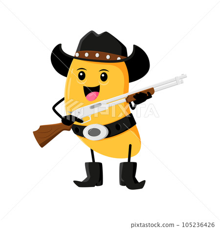 Cartoon mango fruit cowboy, sheriff, ranger and bandit character armed with rifle. Isolated vector wild west personage wear hat, belt and boots holding gun. Healthy tropical fruit, vitamin food emoji Cartoon mango fruit cowboy, sheriff, ranger and bandit character armed with rifle. Isolated vector wild west personage wear hat, belt and boots holding gun. Healthy tropical fruit, vitamin food emoji 105236426