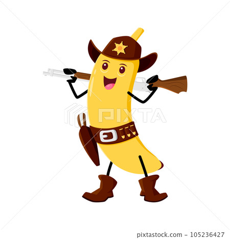 Cartoon banana fruit sheriff, cowboy or ranger character holding rifle guns ready for action. Whimsical, quirky healthy food personage for children book, game, kids menu or vitamin drink or food promo 105236427
