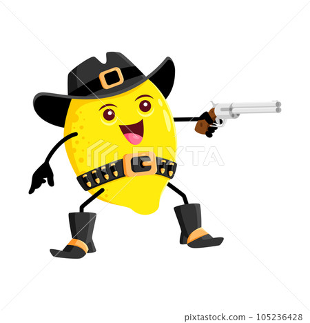 Cartoon lemon fruit cowboy, sheriff, ranger and bandit character. Vector citrus personage wear hat hold gun in hand. Funny robber or gangster shooting. Isolated fantasy western courageous adventurer 105236428