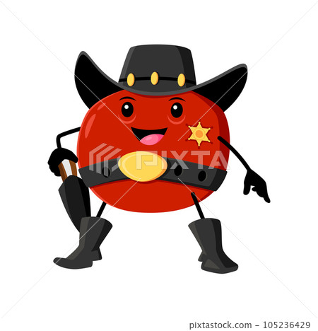 Cartoon garnet fruit cowboy sheriff character. Vector pomegranate with star badge on hat, boots and gun on belt with buckle. Wild west texas ranger vitamin hero. Western healthy plant personage Cartoon garnet fruit cowboy sheriff character. Vector pomegranate with star badge on hat, boots and gun on belt with buckle. Wild west texas ranger vitamin hero. Western healthy plant personage 105236429