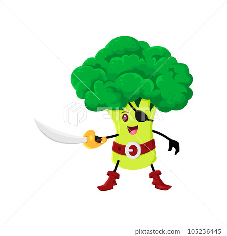 Cartoon broccoli vegetable pirate and corsair character. Vector happy buccaneer veggies with saber. Isolated smiling freebooter or picaroon personage wear eye patch ready for fight or fence with sabre 105236445