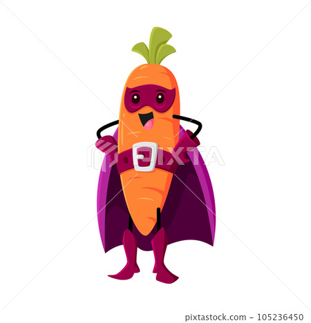 Cartoon carrot super hero vegetable character. Isolated vector funny plant source of carotene vitamin in cloak and mask with arms akimbo. Fairytale healthy food, superhero comics book personage Cartoon carrot super hero vegetable character. Isolated vector funny plant source of carotene vitamin in cloak and mask with arms akimbo. Fairytale healthy food, superhero comics book personage 105236450