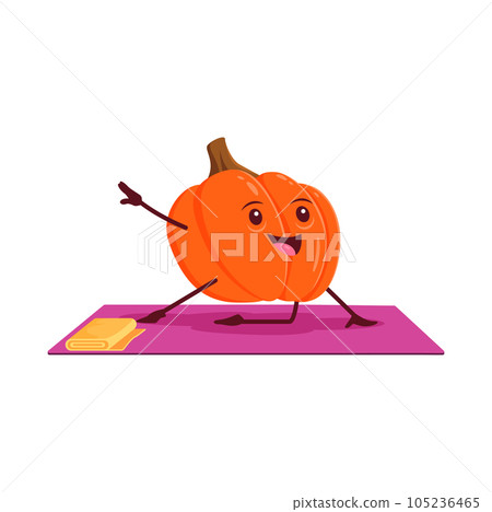 Cartoon pumpkin vegetable character on yoga fitness sport. Isolated vector happy gourd personage stand in asana pose on mat. Yogi squash stand on knee with raised arm, natural food healthy lifestyle 105236465