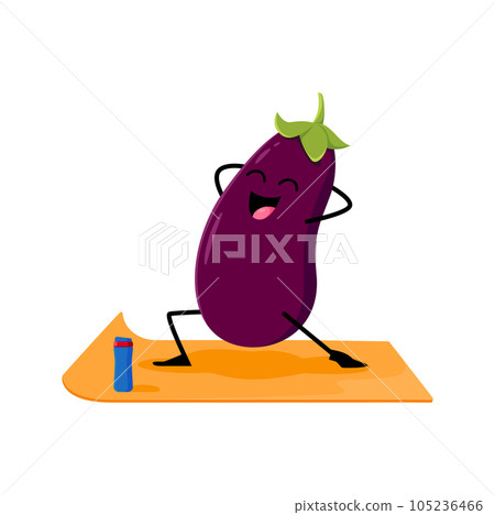 Cartoon eggplant vegetable character in yoga pose. Vector funny veggies standing on mat during wellness or fitness class. Comic personage practice healthy lifestyle and focusing on mental balance 105236466