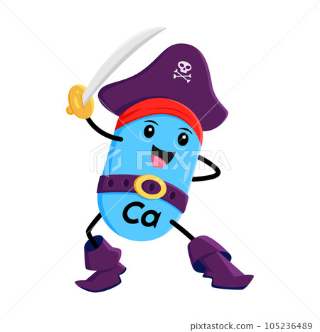 Cartoon vitamin and Ca micronutrient pirate or corsair character. Healthy nutrition mineral tablet, vitamin pill or micronutrient capsule filibuster cheerful vector personage fencing with cutlass 105236489