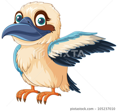 A cartoon illustration of a cute Kookaburra bird standing with one wing open, isolated on white A cartoon illustration of a cute Kookaburra bird standing with one wing open, isolated on white 105237010