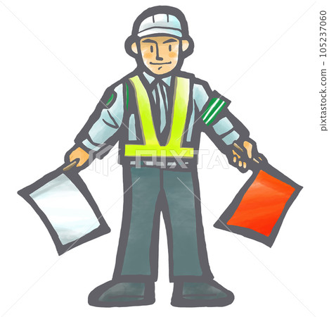 Working clothes male whole body wearing a helmet and holding a red and white flag 105237060