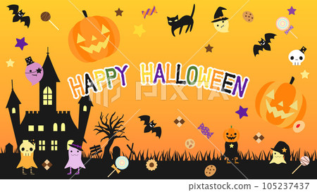 Halloween card studded with ghosts and sweets, aspect ratio 16:9 version 105237437