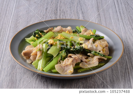 Stir-fried Chinese-style egg with pork and Japanese mustard spinach Stir-fried Chinese-style egg with pork and Japanese mustard spinach 105237488