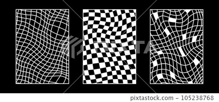 Set of distorted wireframe backgrounds. Abstract wavy checkerboard wallpapers collection. Warped and curved grid surface pattern. Geometric black and white textures. Vector illustration Set of distorted wireframe backgrounds. Abstract wavy checkerboard wallpapers collection. Warped and curved grid surface pattern. Geometric black and white textures. Vector illustration 105238768