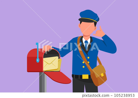 Graphic flat design drawing active postman holding envelope on mail box with call me gesture, wear hat, bag, uniform, working hard to delivery mail to home address. Cartoon style vector illustration 105238953