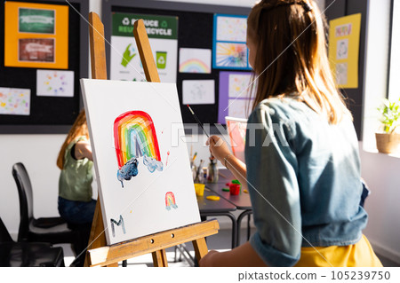 Happy diverse schoolchildren painting using brush and easel in school art class Happy diverse schoolchildren painting using brush and easel in school art class 105239750