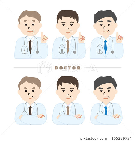 Expression variations of three male doctors Index finger and arms folded 4cf Expression variations of three male doctors Index finger and arms folded 4cf 105239754