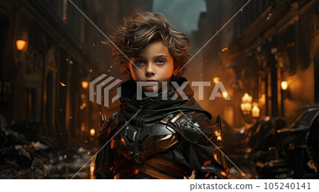 Digital art portrait of little boy in motobiker black suit AI 105240141