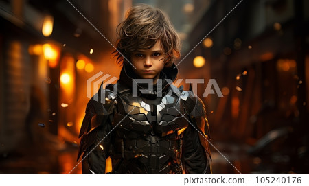 Digital art portrait of little boy in motobiker black suit AI 105240176