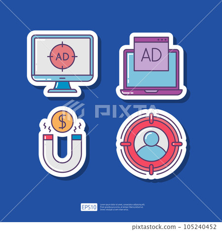 Magnet attracting dollar coin, Target Audience, Digital Advertising. SEO Search Engine Optimization and internet marketing advertising sticker icon set 105240452