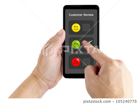 hand touching the application on the happy smile face icon to give satisfaction in service.rating very impressed.Customer service and Satisfaction concept. 105240778