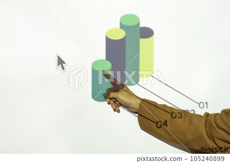 The confident stance and precise pointing suggest an educational or business-oriented discussion unfolding in an office or conference room setting. Hand pointing at graph on presentation monitor. The confident stance and precise pointing suggest an educational or business-oriented discussion unfolding in an office or conference room setting. Hand pointing at graph on presentation monitor. 105240899