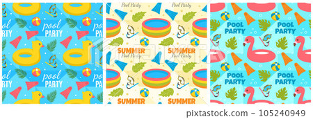 Set of Swimming Pool Seamless Pattern Vector Illustration with Summer Vacation Element in Flat Cartoon Template Hand Drawn 105240949