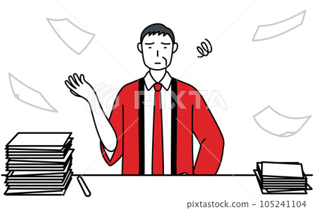 A senior male salesperson wearing a red happi coat who is tired of untidy work A senior male salesperson wearing a red happi coat who is tired of untidy work 105241104