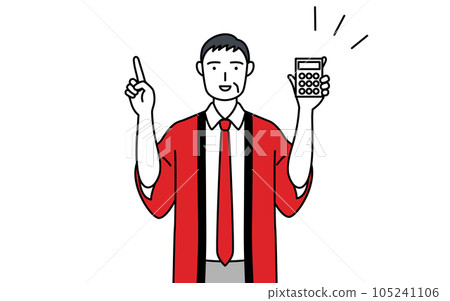 A senior male salesperson wearing a red happi coat pointing with a calculator A senior male salesperson wearing a red happi coat pointing with a calculator 105241106
