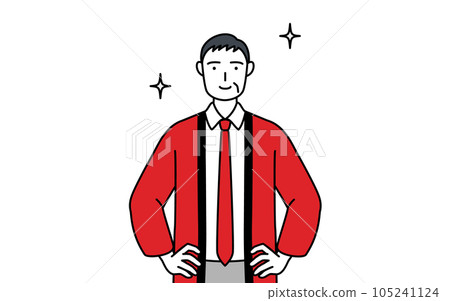A senior male salesperson wearing a red happi coat with both hands on his waist A senior male salesperson wearing a red happi coat with both hands on his waist 105241124