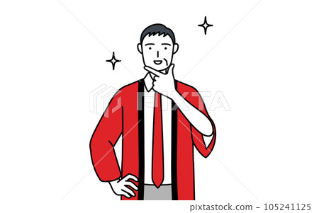 A senior male salesperson wearing a red happi coat posing as a confident house A senior male salesperson wearing a red happi coat posing as a confident house 105241125