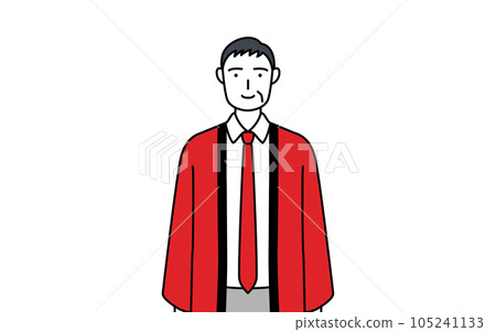 A senior male salesperson wearing a red happi coat with a smile facing the front 105241133