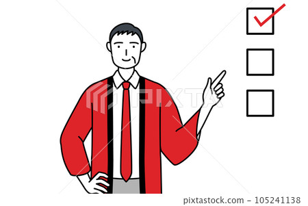 A senior male salesperson wearing a red happi coat pointing to a checklist A senior male salesperson wearing a red happi coat pointing to a checklist 105241138