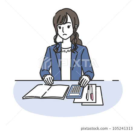 穿著辦公室休閒裝的女人用計算器計算 穿著辦公室休閒裝的女人用計算器計算 105241313