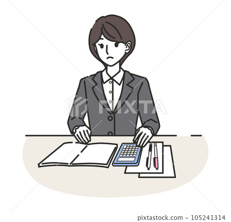 A woman in a suit calculating with a calculator A woman in a suit calculating with a calculator 105241314