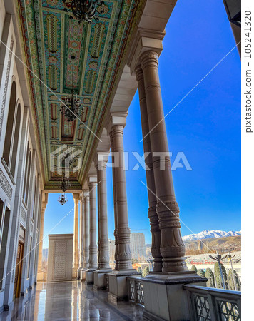 View of Pamir mountains from Kohi Navruz Palace balcony. High quality photo. Blue sky 105241320
