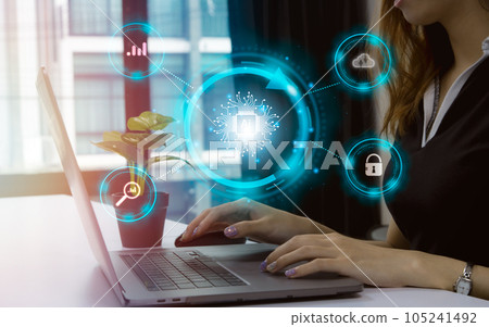 Businesswoman using laptop computer connecting virtual ai smart technology. Artificial Intelligence Chatting bot. Businesswoman using laptop computer connecting virtual ai smart technology. Artificial Intelligence Chatting bot. 105241492
