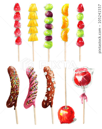 Variety of sweet food on street food with analog watercolor fruits Variety of sweet food on street food with analog watercolor fruits 105241557