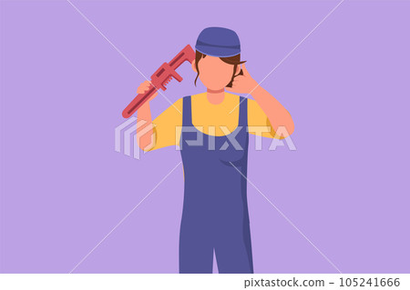 Graphic flat design drawing female plumber holding wrench and wearing helmet with call me gesture, ready to work on repairing leaking drain in sink and houses drains. Cartoon style vector illustration 105241666