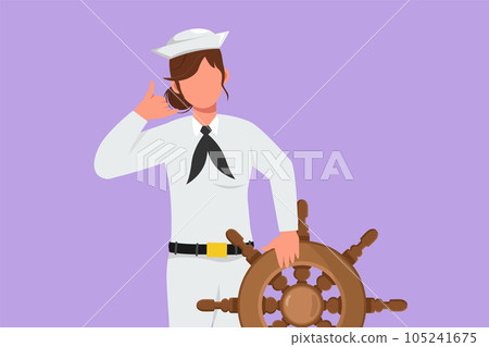 Cartoon flat style drawing bravery sailor woman with call me gesture ready to sail across seas in ship that is headed by captain. Female sailor travel across ocean. Graphic design vector illustration Cartoon flat style drawing bravery sailor woman with call me gesture ready to sail across seas in ship that is headed by captain. Female sailor travel across ocean. Graphic design vector illustration 105241675