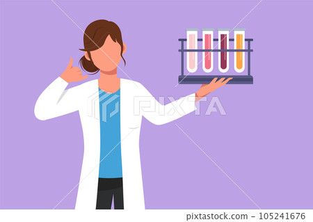 Character flat drawing smart female scientist holding measuring tube with call me gesture and examining chemical solution to make vaccine due to pandemic outbreak. Cartoon design vector illustration 105241676