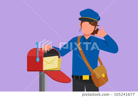 Graphic flat design drawing postwoman holding envelope on mail box with call me gesture, wearing hat, bag, and uniform, working hard to delivery mail to home address. Cartoon style vector illustration Graphic flat design drawing postwoman holding envelope on mail box with call me gesture, wearing hat, bag, and uniform, working hard to delivery mail to home address. Cartoon style vector illustration 105241677