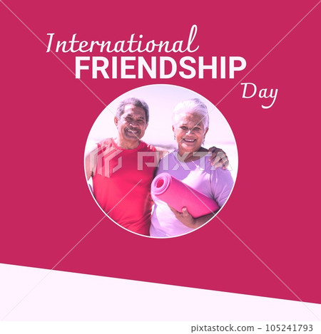 International friendship day text on red with happy senior biracial couple embracing in the sun International friendship day text on red with happy senior biracial couple embracing in the sun 105241793