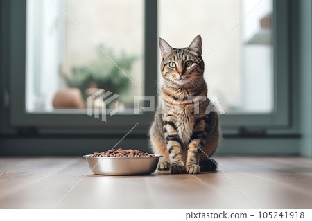 Domestic striped cat next to a bowl of food. 105241918